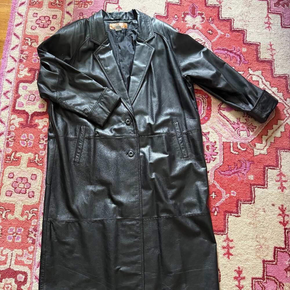 Women's 22 100% Leather Black Trench Coat Pleated Vintage Spiegel's You Too 2XL